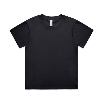 Black crew neck t-shirt with short sleeves and a ribbed neckline.