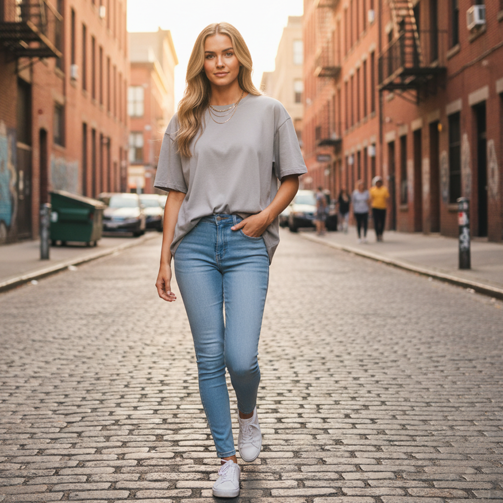 Light blue distressed denim jeans with white sneakers and a gray t-shirt.