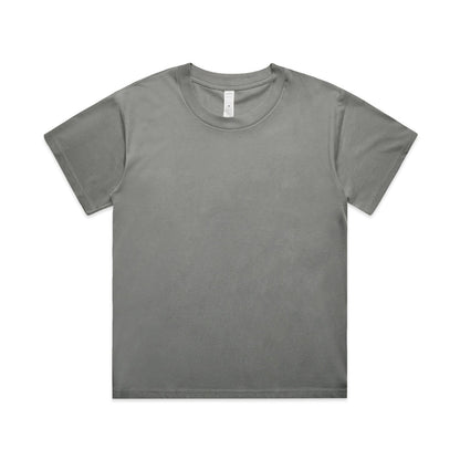 Gray crew neck t-shirt with short sleeves and a relaxed fit.