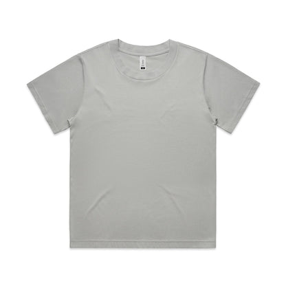 Light gray crew neck t-shirt with short sleeves and a simple design.