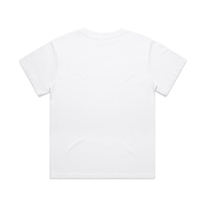 White t-shirt with short sleeves and a crew neck.