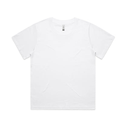 White crew neck t-shirt with short sleeves and a simple design.