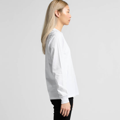 White long-sleeved crew neck t-shirt with ribbed cuffs and hem, likely made of cotton or polyester blend.