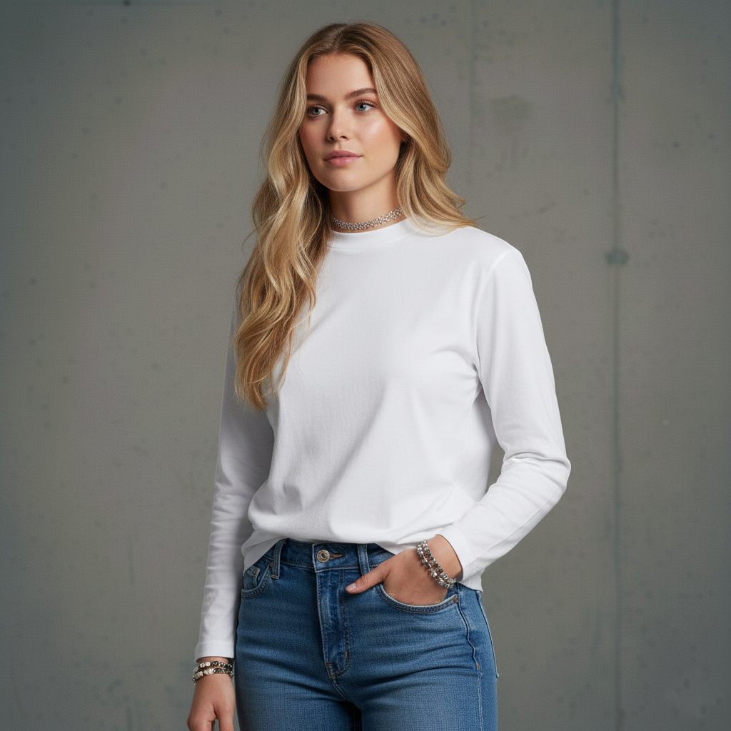 White long-sleeved mock neck top with ribbed cuffs and hem, casual wear.