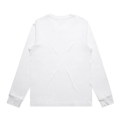 White long-sleeved t-shirt with contrast cuffs and hem, possibly cotton or polyester blend.