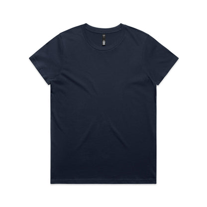 Navy blue crew neck t-shirt with short sleeves and a small white logo on the left chest.