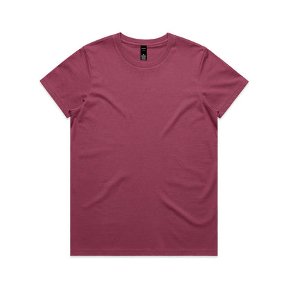 Maroon crew neck t-shirt with short sleeves and a relaxed fit.