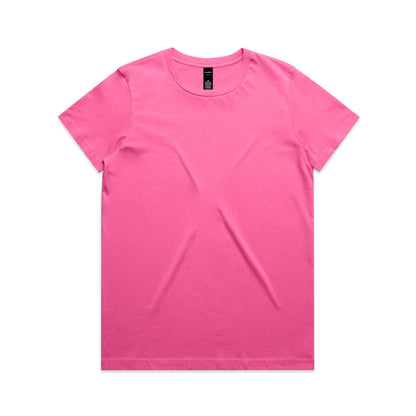Neon pink t-shirt with short sleeves and a crew neck.