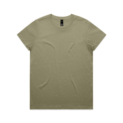 Olive green crew neck t-shirt with short sleeves and a simple design.
