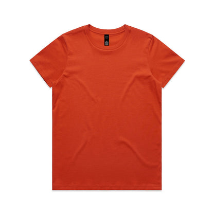 Orange t-shirt with short sleeves and a crew neck.