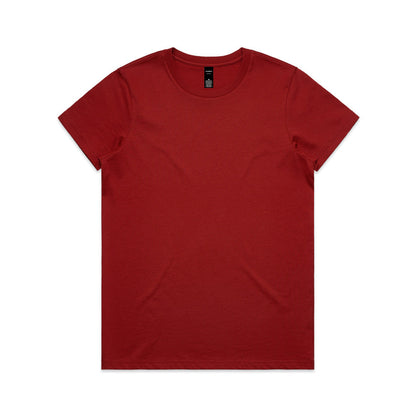 Red crew neck t-shirt with short sleeves and a simple design.