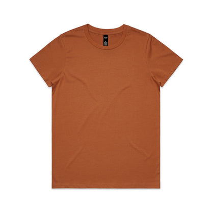 Rust-colored crew neck t-shirt with short sleeves and a simple design.