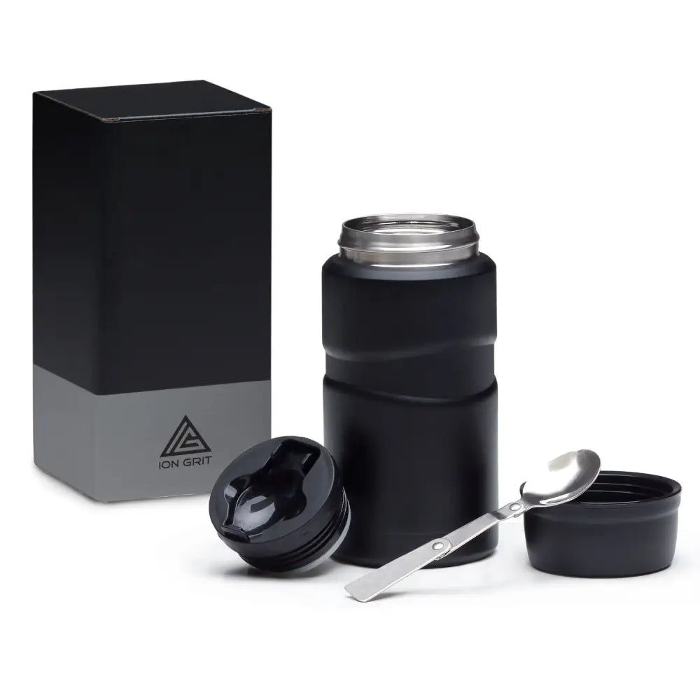 Black insulated food container with spoon and box.