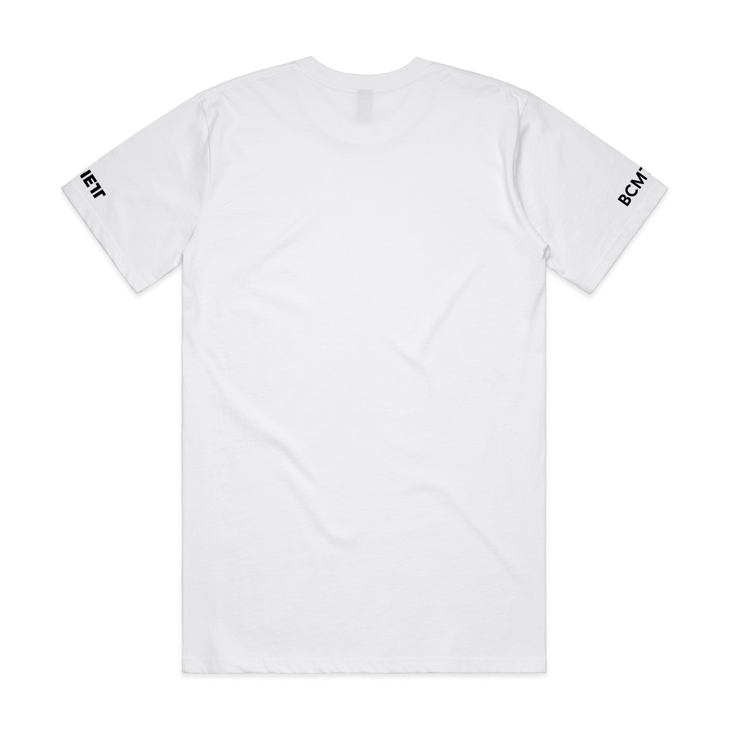 White short-sleeved t-shirt with text on both sleeves.