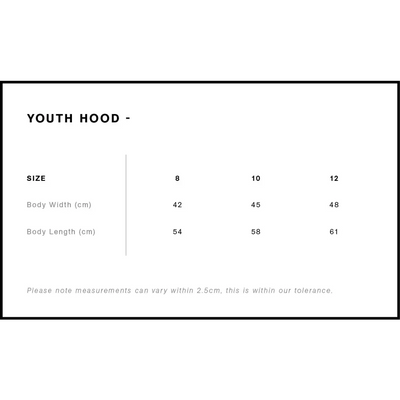 Youth hood size chart.