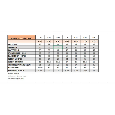 Youth polo size chart.