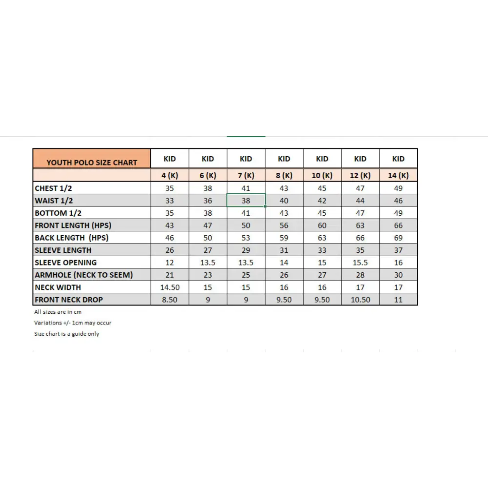 Youth polo size chart.