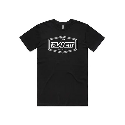 Black t-shirt with white logo.
