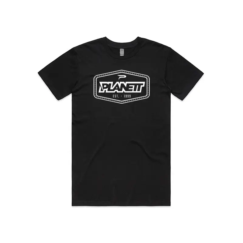 Black t-shirt with white logo.